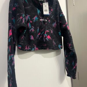Adidas Black Fleece Pullover Crop with Pink and Blue Accents